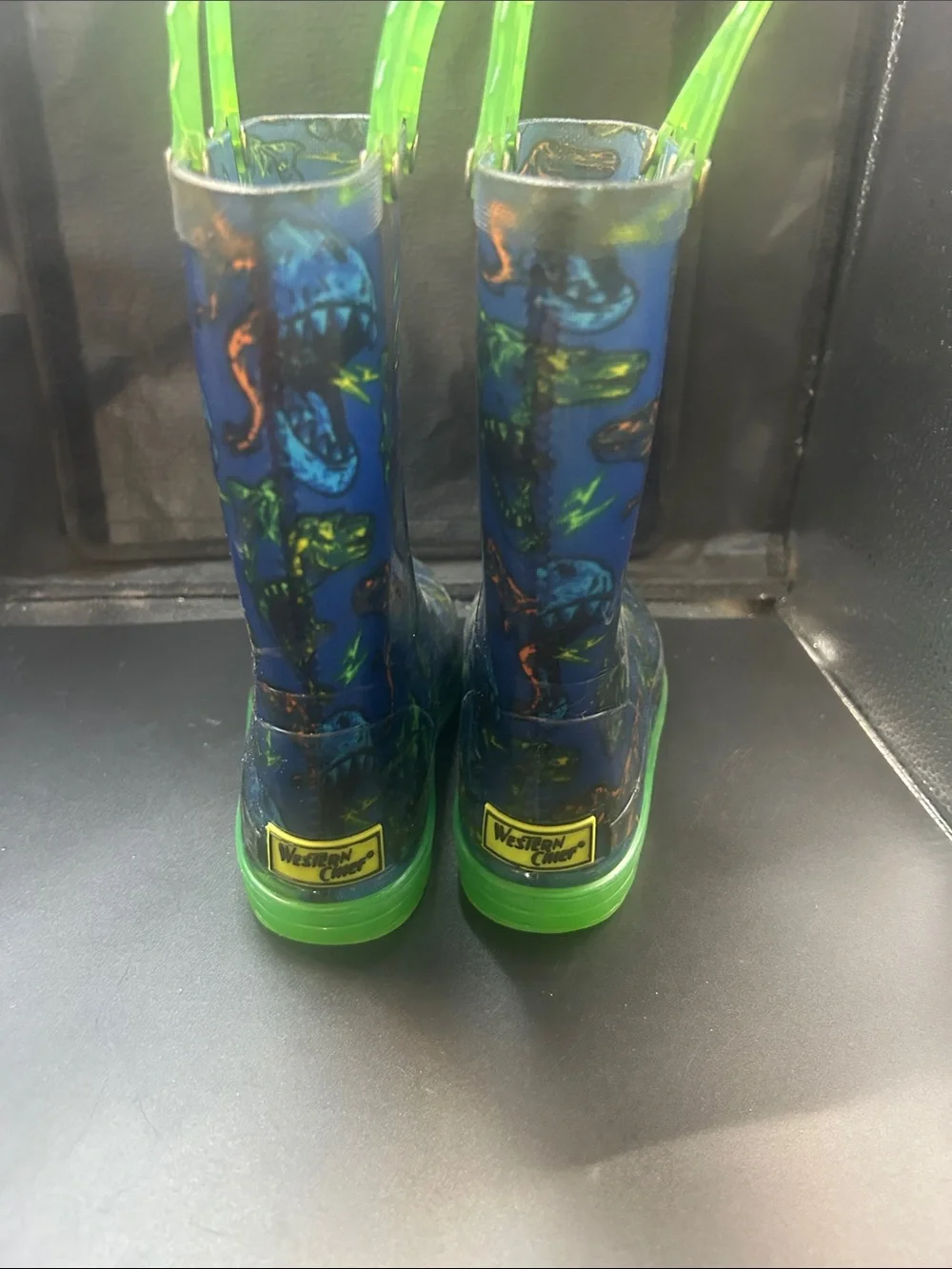 Western Chief Kids Blue Dino Rain & Snow Boots with Green Handles